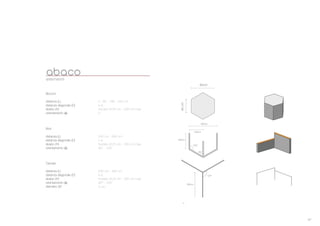 47
//
abacoelementi
Muri
distanza (L)
distanza diagonale (D)
sbalzo (H)
orientamento (ά)
Tubolari
distanza (L)
distanza diagonale (D)
sbalzo (H)
orientamento (ά)
diametro (]
Blocchi
distanza (L)
distanza diagonale (D)
sbalzo (H)
orientamento (ά)
n.d.
0 - 80 - 160 - 240 cm
modulo di 25 cm - 200 cm max
80cm
46cm
480cm
240cm
280cm
120°
60°
modulo di 25 cm - 300 cm max
60° - 120°
n.d.
240 cm - 480 cm
modulo di 25 cm - 300 cm max
60° - 120°
n.d.
240 cm - 480 cm
5 cm
280cm
120°
 
