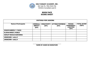HOLY ROSARY ACADEMY, INC.
San Juan St., Molo Iloilo City
PAASCU Accredited Level II
BOOK FACE
SCORE SHEET
CRITERIA FOR JUDGING
Name of Participants OVERALL
IMPACT
25%
CREATIVITY
25%
ATTRACTIVENESS
25%
FOCUS/
SHARPNESS/
LIGHTING
25%
TOTAL SCORE
100%
SHAUN GABREIL T. TASIO
ELISHA ANNE A. NOBLE
ASHLEY NICOLE GUEVARRA
UNKNOWN – entry 5
UNKNOWN – entry 4
____________________________________________
NAME OF JUGES W/SIGNATURE
 