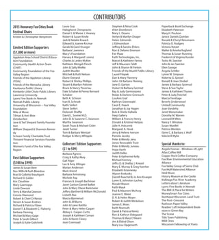 2015 Honorary Fox Cities Book
Festival Chairs
Kristen & Christopher Bergstrom
2015 Honorary School
Appleton North High School
Limited Edition Supporters
($1,000 or more)
Appleton Area School District
Education Foundation
Community Health Action Team
(CHAT)
Community Foundation for the
Fox Valley Region Environmental
Sustainability Fund
Friends of the Appleton Library
(FOAL)
Friends of the Menasha Library
Kaukauna Public Library
Kimberly-Little Chute Public Library
Lawrence University
Lyons Fine Books in Neenah
Neenah Literati Book Club
Neenah Public Library
UW-- Fox Valley Foundation
Mile of Music
Tilman & Ann Moe
Octoberfest
Shepard Family Foundation
Wm. Shepard & Shannon Kennedy
Schoen Family Charitable Trust
Thrivent Financial Services
Foundation -Winnebago Co. Chapter
Women’s Fund for the Fox Valley
Region
91.1 The Avenue Radio Station
First Edition Supporters
($100 to $999)
James & Susan Bere
Rev. Willis & Ruth Bloedow
Brad & Collette Brautigam
Richard D. Calder
Kris Clouthier
Mary Czarnopys
Linda Dawson
Terry & Marsha Dawson
Connie Diamond
Robert & Cheri Di Renzo
Steven & Susan Endries
Richard & Patricia Filzen
Daniel T. & Elizabeth C. Flaherty
Barbara Fleming
Michael & Mary Gage
Peter & Sarah Gilbert
Joseph & Katie Golichnik
Laura Guy
Habighorst Chiropractic
Daniel J. & Mame J. Heaney
Robert & Susan Kinde
Jack & Natalie Knaack
Edward & Joanne Krcmar
Gerald & Carol Krueger
Barbara Lawrence
Macy’s Foundation
Harvey & Margaret Lorenz
Charles & Lesley McKee
Kathleen Mengel-Flesch
John & Sally Mielke
Judith Mueller
Mitchell & Ruth Nelson
Diane Ostrand
Robert & Shirley Phillips
Stuart & Marilyn Polisner
Bruce & Nancy Pourciau
Dale Schaber & Penny Bernard
Schaber
Beth A. Schnorr
Ivan B. Schrodt
Kathi Seifert
Steve Seifert
Deborah Shaffer
David L. Sovine M.D.
John D. & Suzanne C. Swanson
Martha Swanson
Sarah Traas & Michael Cisler
Janet Turner
Tom & Barbara Wentzel
Rodger & Merry Whipple
Collectors’Edition Supporters
($1 to $99)
Barbara Agness
Craig & Kathy Akey
Gail Alger
Lee & Amy Allinger
Marian Anderson
Mark Arend
Barbara Armstrong
Michele Asp
Frances & Joseph Bachman
Janet Carlson Daniel Balliet
John & Mary Diane Barkmeier
Jeffery Barthen & William McDonald
Lisbeth Bax
Marcia Bjornerud
John & Jill Burns
John & Liane Butitta
Peter & Mary Helen Casper
Abbey L. Casper-Curtis
Joseph & Kathleen Ceman
John & Karen Cleary
Jean Coenraad
Stephen & Nina Cook
Arlen Dombrock
Mary L. Downs
Verlyn & Marilyn Drager
Helen Edmonds
J. Edmondson
Jeffrey & Sandra Ehlers
Ron & Delores Einerson
Fair Plaza
Faith Technologies, Inc.
Marcel & Kathleen Farina
Jeff & Maureen Feldt
John & Sharon M Fenlon
Friends of the Muehl Public Library
Laurel Filapek
Dan & Mary Flannery
John J & Barbara Fleming
Jane D. Garton
Hubert & Barbara Germiat
Ray & Judy Germonprez
Nolan & Darlene Gnewuch
LouAnn Graf
Kathryn Greenwald
Carol E. Haack
Jonathan & Joy Hagen
Bob & Sheila Hallada
Harp Gallery
William & Frances Henry
Donald & Kristine Hietpas
Julie A. Holcomb
Margaret A. Houk
Jerry & Helene Iverson
Pamela Jacoby
Peter & Wendy Janu
Jones Revocable Trust
Peter & Wendy Juneau
Hope Karth
Judith Keller
Peter & Katherine Kelly
Michael Kenney
Jeffry D. & Shelby J. Knezel
Mary E. Murray & Greg Koerber
Elizabeth Krizenesky
Alyson Krokosky
Darrell Ruechel & Jo Ann Krueger
Loree B. Johnston Lachey
Ronald Mason
Faith Mauk
Paul & Maureen McAvoy
Joanne E. Meier
D. R. & Helen Meyer
Robert & Judith Mickelson
James E. Moes
Keith Niemuth
David & Patricia Nimtz
Ron & Kathryn Odegaard
Thomas & Mary O’Hearn
Jim & Eldrid Olson
Mary Lou Opgenorth
Paperback Book Exchange
Elizabeth Paterson
Mary H. Poulson
Janice Daniels Quinlan
Ronald & Cheryl Reissmann
Patricia D. Rodgers
Victoria Rotzel
Walter & Amelia Rugland
Thomas & Susan Running
Frederick & Virginia Russler
Tasha M. Saecker
John & Jan Saecker
Ellen Savage
Angela Schiller
Lynne W. Simpson
Roberta G. Sprowl
Ronald & Joan Strebel
James & Barbara Syverud
Steve & Sue Taylor
James & Kathleen Thunes
Peter & Judy Treichel
Marcia Trentlage
Beverly Underwood
United Community
Joan Vandehy
Janet Wanamaker
Dorothy M. Warren
Leonard W Weis
Nancy F. Winslow
Susan Woelfel
Patricia Worden
Gene C. & Barbara J. Wulf
Valerie B Wylie
Special thanks to:
Angels Forever - Windows of Light
Atlas Coffee Mill
Copper Rock Coffee Company
Fox River Environmental Education
Alliance
Fox Valley Group of Sierra Club
Fox Wolf Watershed Alliance
Heid Music
History Mueum at the Castle
KidStage/Fox River Academy
Letters about Literature
Lyons Fine Books in Neenah
The Mill: A Place for Writers
MoneySmart Fox Cities
Northeast Wisconsin Land Trust
The Post~Crescent
Radisson Paper Valley
Readers’Loft Independent Bookstore
in Green Bay
The Scene
Title Town Publishing
Wild Ones
Wisconsin Fellowship of Poets
CONTRIBUTORS
 