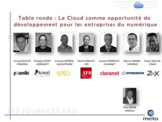 Table ronde : Le Cloud comme opportunité de
développement pour les entreprises du numérique




Arnaud DUPUIS   Philippe COENT   François MORON   Patrick ANGUET   Laurent PERRIAULT   Fabrice BARBIN   Erwan GALLEN
  POWEDIA         KORRISOFT        ExoPLATFORM           SFR           CLARANET           SYNERGIZ          ZINUX




                                                                                       Eric OCHS
                                                                                        MMEDIA
 