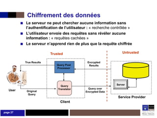 Chiffrement des données
          ■ Le serveur ne peut chercher aucune information sans
              l’authentification de l’utilisateur : « recherche contrôlée »
          ■   L’utilisateur envoie des requêtes sans révéler aucune
              information : « requêtes cachées »
          ■   Le serveur n’apprend rien de plus que la requête chiffrée

                             Trusted                                  Untrusted

              True Results                       Encrypted
                                Query Post        Results
                                Processor




                                   Query                          Server
                                 Translator       Query over
   User        Original                         Encrypted Data
                Query
                                                                   Service Provider
                                  Client

page 27
 