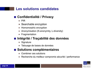 Les solutions candidates

          ■ Confidentialité / Privacy
             ● PIR
             ● Searchable encryption
             ● Homomorphic encryption
             ● Anonymisation (K-anonymity, L-diversity)
             ● Fragmentation
          ■ Intégrité / Traçabilité des données
             ● Signature
             ● Tatouage de bases de données
          ■ Solutions complémentaires
             ● Combiner ces solutions
             ● Recherche du meilleur compromis sécurité / performance


page 30
 