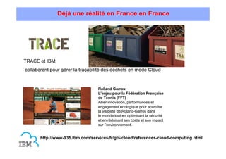 Déjà une réalité en France en France




TRACE et IBM:
collaborent pour gérer la traçabilité des déchets en mode Cloud


                                  Rolland Garros:
                                  L’enjeu pour la Fédération Française
                                  de Tennis (FFT)
                                  Allier innovation, performances et
                                  engagement écologique pour accroître
                                  la visibilité de Roland-Garros dans
                                  le monde tout en optimisant la sécurité
                                  et en réduisant ses coûts et son impact
                                  sur l’environnement.


       http://www-935.ibm.com/services/fr/gts/cloud/references-cloud-computing.html
 