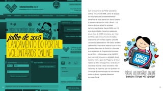 LANÇAMENTODOPORTAL
VOLUNTÁRIOSONLINE
julho de 2008
Com o lançamento do Portal voluntários
Online, em julho de 2008, a área de atuação
do IVA ampliou-se consideravelmente –
deixamos de atuar apenas em Santa Catarina
e passamos a atuar em todo o Brasil – e o
alcance de suas ações foi ampliado
de forma significativa. Se até 2008, com 10
anos de atividades, havíamos cadastrado
pouco mais de 5.000 voluntários, por meio
do Portal, após cinco anos de atividades,
alcançamos um número superior a 50.000
voluntários cadastrados e 700 ONGs também
cadastradas. Importante salientar que um dos
grandes diferenciais do Portal foi a chancela
que recebemos do Programa de Voluntaria-
do da ONU – UNVolunteers e da UNESCO,
que nos credenciou para a realização desse
trabalho. Com o apoio do Programa de Volun-
tariado da ONU conseguimos a vinda de um
voluntário nacional e dois voluntários inter-
nacionais, da Espanha, que nos ajudaram na
introdução e sistematização do voluntariado
online no Brasil, o grande diferencial
do nosso Portal.
10 11
 