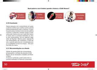 Qual palavra você lembra quando citamos a Chilli Beans?
2.10 Conclusão
Nessa pesquisa com consumidores em geral,
pudemos verificar que o público continua sendo
predominantemente jovem e feminino. A gran-
de parte possui renda em torno de dois salários
mínimos e costumam comprar roupas e aces-
sórios pelo menos uma vez a cada três meses.
A marca não é a primeira lembrada na men-
te dos consumidores: fica em segundo lugar,
atrás da Ray-Ban. Mesmo assim, apenas 6%
dos entrevistados não conhecem a Chilli Be-
ans, e grande parte leva em consideração pre-
ço e qualidade na hora da compra – dois pon-
tos fortes da marca.
2.11 Recomendações ao cliente
Apesar de grande parte dos consumidores
já associarem o símbolo de pimenta à Chilli
Beans, faz-se necessário o trabalho do Share
of Mind.
A marca é conhecida, porém ainda não é a
primeira lembrada na mente do consumidor.
50
Book.indd 58 27/10/2014 03:09:53
 