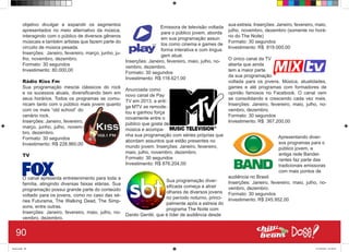 objetivo divulgar e expandir os segmentos
apresentados no meio alternativo da música,
interagindo com o público de diversos gêneros
músicais e também artistas que fazem parte do
circuito de música pesada.
Inserções: Janeiro, fevereiro, março, junho, ju-
lho, novembro, dezembro.
Formato: 30 segundos
Investimento: 80.000,00
Rádio Kiss Fm
Sua programação mescla clássicos do rock
e os sucessos atuais, diversificando bem em
seus horários. Todos os programas se comu-
nicam tanto com o público mais jovem quanto
com os mais “old school” do
cenário rock.
Inserções: Janeiro, fevereiro,
março, junho, julho, novem-
bro, dezembro.
Formato: 30 segundos
Investimento: R$ 228.960,00
TV
O canal apresenta entretenimento para toda a
família, atingindo diversas faixas etárias. Sua
programação possui grande parte do conteúdo
voltado para os jovens, como no caso das sé-
ries Futurama, The Walking Dead, The Simp-
sons, entre outras.
Inserções: Janeiro, fevereiro, maio, julho, no-
vembro, dezembro.
Emissora de televisão voltada
para o público jovem, aborda
em sua programação assun
tos como cinema e games de
forma interativa e com lingua
gem atual.
Inserções: Janeiro, fevereiro, maio, julho, no-
vembro, dezembro.
Formato: 30 segundos
Investimento: R$ 118.621,00
Anunciada como
novo canal de Pay
TV em 2013, a anti-
ga MTV se remode-
lou e ganhou força
novamente entre o
público que gosta de
música e acompa-
nha sua programação com séries próprias que
abordam assuntos que estão presentes no
mundo jovem. Inserções: Janeiro, fevereiro,
maio, julho, novembro, dezembro.
Formato: 30 segundos
Investimento: R$ 876.204,00
Sua programação diver-
sificada começa a atrair
olhares de diversos jovens
no período noturno, princi-
palmente após a estreia do
programa The Noite com
Danilo Gentili, que é líder de audiência desde
sua estreia. Inserções: Janeiro, fevereiro, maio,
julho, novembro, dezembro (somente no horá-
rio do The Noite)
Formato: 30 segundos
Investimento: R$ 819.000,00
O único canal da TV
aberta que ainda
tem a maior parte
da sua programação
voltada para os jovens. Música, atualidades,
games e até programas com formadores de
opinião famosos no Facebook. O canal vem
se consolidando e crescendo cada vez mais.
Inserções: Janeiro, fevereiro, maio, julho, no-
vembro, dezembro.
Formato: 30 segundos
Investimento: R$ 367.200,00
Apresentando diver-
sos programas para o
público jovem, a
antiga rede Bandei-
rantes faz parte das
tradicionais emissoras
com mais pontos de
audiência no Brasil.
Inserções: Janeiro, fevereiro, maio, julho, no-
vembro, dezembro.
Formato: 30 segundos
Investimento: R$ 245.952,00
90
Book.indd 98 27/10/2014 03:10:23
 