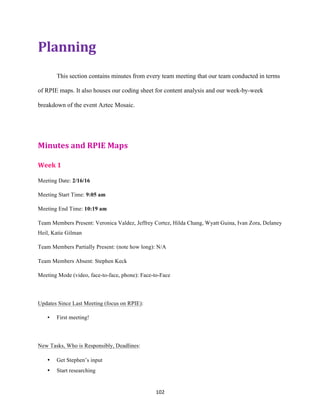 102	
Planning	
This section contains minutes from every team meeting that our team conducted in terms
of RPIE maps. It also houses our coding sheet for content analysis and our week-by-week
breakdown of the event Aztec Mosaic.
Minutes	and	RPIE	Maps	
Week	1	
Meeting Date: 2/16/16
Meeting Start Time: 9:05 am
Meeting End Time: 10:19 am
Team Members Present: Veronica Valdez, Jeffrey Cortez, Hilda Chang, Wyatt Guina, Ivan Zora, Delaney
Heil, Katie Gilman
Team Members Partially Present: (note how long): N/A
Team Members Absent: Stephen Keck
Meeting Mode (video, face-to-face, phone): Face-to-Face
Updates Since Last Meeting (focus on RPIE):
• First meeting!
New Tasks, Who is Responsibly, Deadlines:
• Get Stephen’s input
• Start researching
 