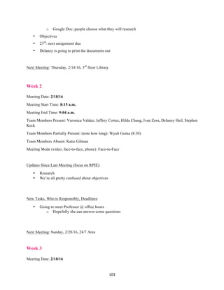 103	
o Google Doc: people choose what they will research
• Objectives
• 23rd
: next assignment due
• Delaney is going to print the documents out
Next Meeting: Thursday, 2/18/16, 3rd
floor Library
	
Week 2
Meeting Date: 2/18/16
Meeting Start Time: 8:15 a.m.
Meeting End Time: 9:04 a.m.
Team Members Present: Veronica Valdez, Jeffrey Cortez, Hilda Chang, Ivan Zora, Delaney Heil, Stephen
Keck
Team Members Partially Present: (note how long): Wyatt Guina (8:30)
Team Members Absent: Katie Gilman
Meeting Mode (video, face-to-face, phone): Face-to-Face
Updates Since Last Meeting (focus on RPIE):
• Research
• We’re all pretty confused about objectives
New Tasks, Who is Responsibly, Deadlines:
• Going to meet Professor @ office hours
o Hopefully she can answer come questions
Next Meeting: Sunday, 2/28/16, 24/7 Area
Week 3
Meeting Date: 2/18/16
 