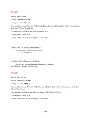 107	
Week	7	
Meeting Date: 4/14/16
Meeting Start Time: 9:38 a.m.
Meeting End Time: 9:57 a.m.
Team Members Present: Veronica Valdez, Hilda Chang, Ivan Zora, Delaney Heil, Jeffrey Cortez, Stephen
Keck, Katie Gilman, Wyatt Guina
Team Members Partially Present: (note how long): N/A
Team Members Absent: N/A
Meeting Mode (video, face-to-face, phone): Face-to-Face
Updates Since Last Meeting (focus on RPIE):
• Determined the final name for our event
o “Aztec Mosaic”
New Tasks, Who is Responsibly, Deadlines:
• Stephen will look into forms and documents for the event
Next Meeting: Thursday, 4/21/16, Library
Week	8	
Meeting Date: 4/21/16
Meeting Start Time: 5:09 p.m.
Meeting End Time: 6:03 p.m.
Team Members Present: Veronica Valdez, Ivan Zora, Delaney Heil, Jeffrey Cortez, Stephen Keck, Katie
Gilman, Wyatt Guina
Team Members Partially Present: (note how long): Hilda Chang (5:15 p.m.)
Team Members Absent: N/A
Meeting Mode (video, face-to-face, phone): Face-to-Face
 