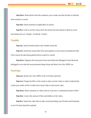 15	
	
Step three: Read articles from this academic year to make sure that all data to collected
from research is current
Step four: Read comments (if applicable) on articles
Step five: Look to see how many times the articles has been shared or liked on social
networking sites (ex. Google+, Facebook, Twitter)
Tumblr	
Step one: Search #artsalivesdsu in the Tumblr search bar
Step two: Switch the results filter from most popular to most recent (switching the filter
will to assure the data being gathered from research is current
Step three: Organize the recent posts from most liked and reblogged to least liked and
reblogged to see what the most prominent things being said about Arts Alive SDSU are
YouTube	
Step one: Search Arts Alive SDSU in the YouTube search bar
Step two: Change the filter on the results to show you the videos in order of upload date
so that your results will be in order most recent video to least recent video
Step three: Read comments on videos and see if any have a substantial amount of likes
Step four: Look at the amount of likes and dislikes on the videos
Step five: Search the video link on other social networking sites (Twitter and Facebook)
to see if its been shared by anybody
M	O	S	A	I	C	
 
