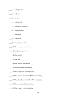42	
_____1. I feel apprehensive
_____2. I feel tense
_____3. I am calm
_____4. I feel peaceful
_____5. I feel fear and uneasiness
_____6. I feel self-assured
_____7. I feel fearful
_____8. I feel ruffled
_____9. I am jumpy and nervous
_____10. I feel composed and in control
_____11. I am bothered and tense
_____12. I feel satisfied
_____13. I feel safe
_____14. I feel flustered and confused
_____15. I am cheerful after participating
_____16. I feel happy about how I performed
_____17. I feel dejected and humiliated before even starting
_____18. I feel pleased and comfortable while participating
_____19. I feel confident while participating
_____20. I feel unhappy while participating
 
