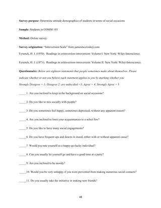 48	
Survey purpose: Determine attitude demographics of students in terms of social occasions
Sample: Students in COMM 103
Method: Online survey
Survey origination: “Introversion Scale” from jamesmccroskey.com
Eysenck, H. J. (1970). Readings in extraversion-introversion: Volume I. New York: Wiley-Interscience.
Eysenck, H. J. (1971). Readings in extraversion-introversion: Volume II. New York: Wiley-Interscience.
Questionnaire: Below are eighteen statements that people sometimes make about themselves. Please
indicate whether or not you believe each statement applies to you by marking whether you:
Strongly Disagree = 1; Disagree 2; are undecided =3; Agree = 4; Strongly Agree = 5
_____1. Are you inclined to keep in the background on social occasions?
_____2. Do you like to mix socially with people?
_____3. Do you sometimes feel happy, sometimes depressed, without any apparent reason?
_____4. Are you inclined to limit your acquaintances to a select few?
_____5. Do you like to have many social engagements?
_____6. Do you have frequent ups and downs in mood, either with or without apparent cause?
_____7. Would you rate yourself as a happy-go-lucky individual?
_____8. Can you usually let yourself go and have a good time at a party?
_____9. Are you inclined to be moody?
_____10. Would you be very unhappy if you were prevented from making numerous social contacts?
_____11. Do you usually take the initiative in making new friends?
 
