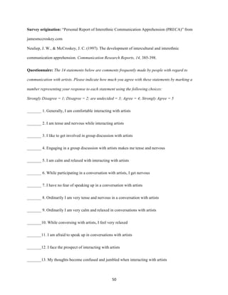 50	
Survey origination: “Personal Report of Interethnic Communication Apprehension (PRECA)” from
jamesmccroskey.com
Neuliep, J. W., & McCroskey, J. C. (1997). The development of intercultural and interethnic
communication apprehension. Communication Research Reports, 14, 385-398.
Questionnaire: The 14 statements below are comments frequently made by people with regard to
communication with artists. Please indicate how much you agree with these statements by marking a
number representing your response to each statement using the following choices:
Strongly Disagree = 1; Disagree = 2; are undecided = 3; Agree = 4; Strongly Agree = 5
_______ 1. Generally, I am comfortable interacting with artists
_______ 2. I am tense and nervous while interacting artists
_______ 3. I like to get involved in group discussion with artists
_______ 4. Engaging in a group discussion with artists makes me tense and nervous
_______ 5. I am calm and relaxed with interacting with artists
_______ 6. While participating in a conversation with artists, I get nervous
_______ 7. I have no fear of speaking up in a conversation with artists
_______ 8. Ordinarily I am very tense and nervous in a conversation with artists
_______ 9. Ordinarily I am very calm and relaxed in conversations with artists
_______10. While conversing with artists, I feel very relaxed
_______11. I am afraid to speak up in conversations with artists
_______12. I face the prospect of interacting with artists
_______13. My thoughts become confused and jumbled when interacting with artists
 