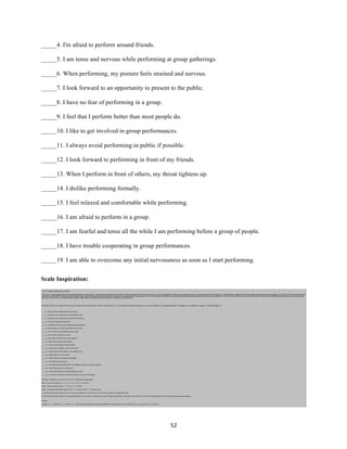 52	
_____4. I'm afraid to perform around friends.
_____5. I am tense and nervous while performing at group gatherings.
_____6. When performing, my posture feels strained and nervous.
_____7. I look forward to an opportunity to present to the public.
_____8. I have no fear of performing in a group.
_____9. I feel that I perform better than most people do.
_____10. I like to get involved in group performances.
_____11. I always avoid performing in public if possible.
_____12. I look forward to performing in front of my friends.
_____13. When I perform in front of others, my throat tightens up.
_____14. I dislike performing formally.
_____15. I feel relaxed and comfortable while performing.
_____16. I am afraid to perform in a group.
_____17. I am fearful and tense all the while I am performing before a group of people.
_____18. I have trouble cooperating in group performances.
_____19. I am able to overcome any initial nervousness as soon as I start performing.
Scale Inspiration:
 