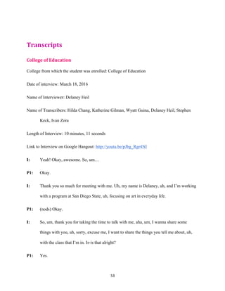 53	
	
Transcripts	
College	of	Education	
College from which the student was enrolled: College of Education
Date of interview: March 18, 2016
Name of Interviewer: Delaney Heil
Name of Transcribers: Hilda Chang, Katherine Gilman, Wyatt Guina, Delaney Heil, Stephen
Keck, Ivan Zora
Length of Interview: 10 minutes, 11 seconds
Link to Interview on Google Hangout: http://youtu.be/pJbg_Rgr4NI
I: Yeah! Okay, awesome. So, um…
P1: Okay.
I: Thank you so much for meeting with me. Uh, my name is Delaney, uh, and I’m working
with a program at San Diego State, uh, focusing on art in everyday life.
P1: (nods) Okay.
I: So, um, thank you for taking the time to talk with me, aha, um, I wanna share some
things with you, uh, sorry, excuse me, I want to share the things you tell me about, uh,
with the class that I’m in. Is-is that alright?
P1: Yes.
 