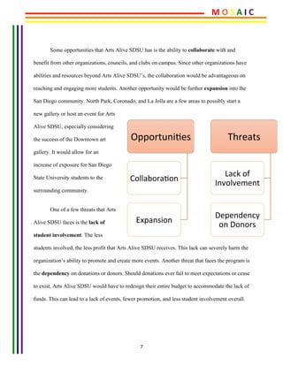 7	
	
Some opportunities that Arts Alive SDSU has is the ability to collaborate with and
benefit from other organizations, councils, and clubs on campus. Since other organizations have
abilities and resources beyond Arts Alive SDSU’s, the collaboration would be advantageous on
reaching and engaging more students. Another opportunity would be further expansion into the
San Diego community. North Park, Coronado, and La Jolla are a few areas to possibly start a
new gallery or host an event for Arts
Alive SDSU, especially considering
the success of the Downtown art
gallery. It would allow for an
increase of exposure for San Diego
State University students to the
surrounding community.
One of a few threats that Arts
Alive SDSU faces is the lack of
student involvement. The less
students involved, the less profit that Arts Alive SDSU receives. This lack can severely harm the
organization’s ability to promote and create more events. Another threat that faces the program is
the dependency on donations or donors. Should donations ever fail to meet expectations or cease
to exist, Arts Alive SDSU would have to redesign their entire budget to accommodate the lack of
funds. This can lead to a lack of events, fewer promotion, and less student involvement overall.
Threats	
Lack	of	
Involvement	
Dependency	
on	Donors	
Opportuni8es	
Collabora8on	
Expansion	
M	O	S	A	I	C	
 