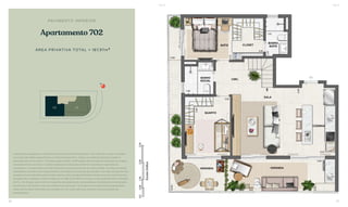 Apartamento 702
PAVIMENTO INFERIOR
ÁREA PRIVATIVA TOTAL = 187,97m2
A decoração, paisagismo e revestimentos são meramente ilustrativos. / Os materiais a serem utilizados
na construção estão especificados no memorial descritivo. / Esta é uma planta provisória sujeita a
alteração sem aviso prévio. / O projeto poderá sofrer modificações decorrentes das posturas municipais,
concessionárias e do local. / A planta apresenta localização preliminar de pilares e prumadas de
instalações. / As áreas descritas são referentes às áreas privativas de cada unidade. As áreas privativas
representam as áreas dos compartimentos somadas as suas áreas de paredes. / As cotas são de eixo das
paredes e foram definidas pelos limites externos das paredes (fachadas e áreas comuns) e pelo eixo das
paredes entre unidades, conforme descrito na NBR 12.721 ABNT. As áreas e cotas poderão sofrer alteração
de 5%. / Os móveis, assim como os materiais de acabamento representados na planta são de dimensões
comerciais e não fazem parte do contrato de construção. / Os materiais e acabamentos apresentados
nessa planta serão oferecidos aos clientes com um custo adicional, durante a personalização de
acabamentos.
02 01
N
12h
BS’’DBS’’D
86 87
 