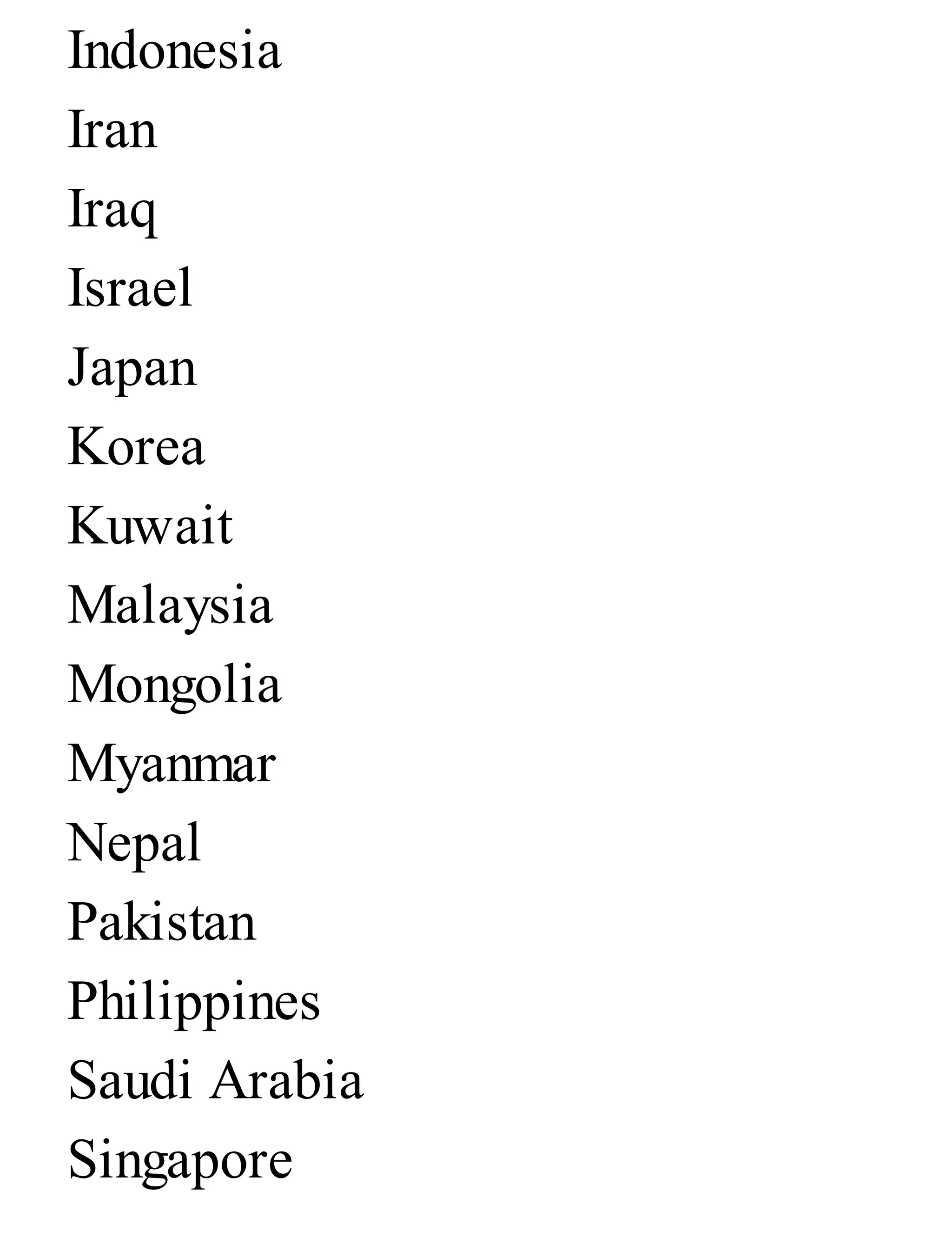 Indonesia
Iran
Iraq
Israel
Japan
Korea
Kuwait
Malaysia
Mongolia
Myanmar
Nepal
Pakistan
Philippines
Saudi Arabia
Singapore
 