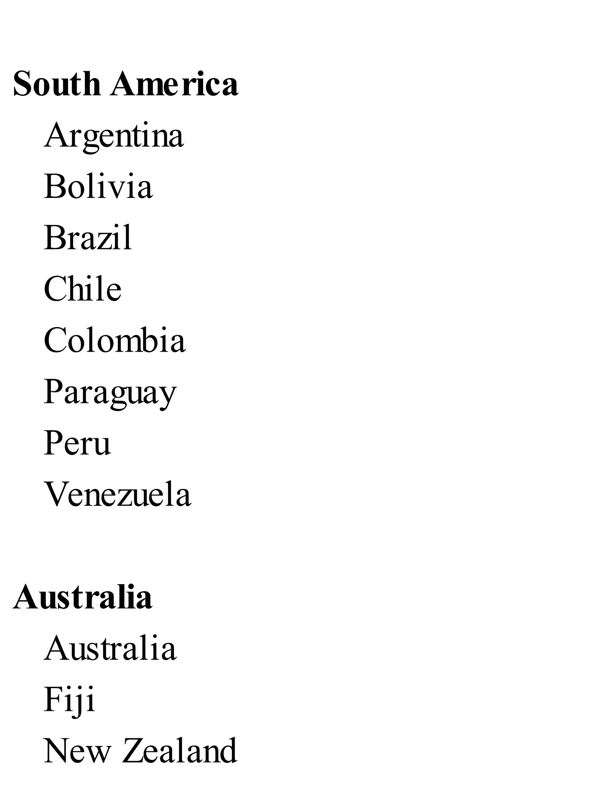 South America
Argentina
Bolivia
Brazil
Chile
Colombia
Paraguay
Peru
Venezuela
Australia
Australia
Fiji
New Zealand
 