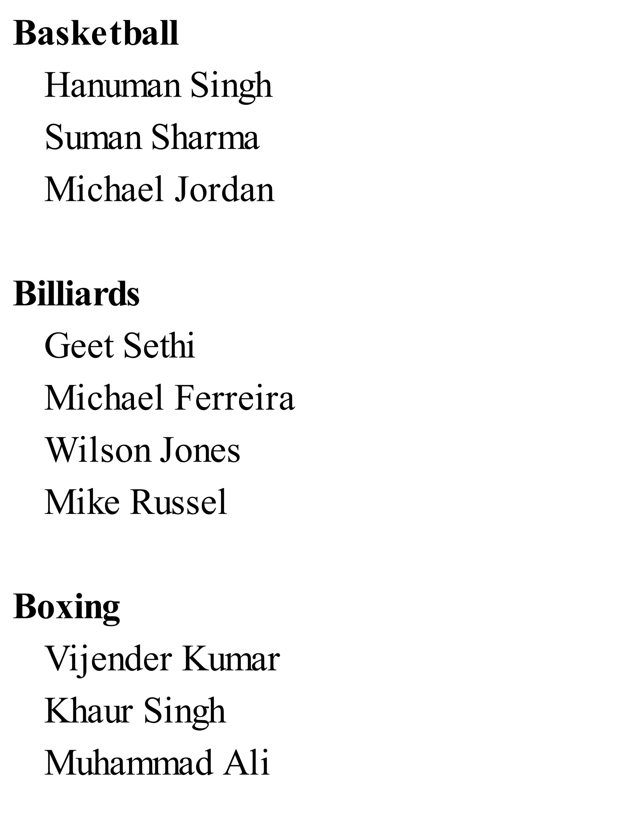 Basketball
Hanuman Singh
Suman Sharma
Michael Jordan
Billiards
Geet Sethi
Michael Ferreira
Wilson Jones
Mike Russel
Boxing
Vijender Kumar
Khaur Singh
Muhammad Ali
 