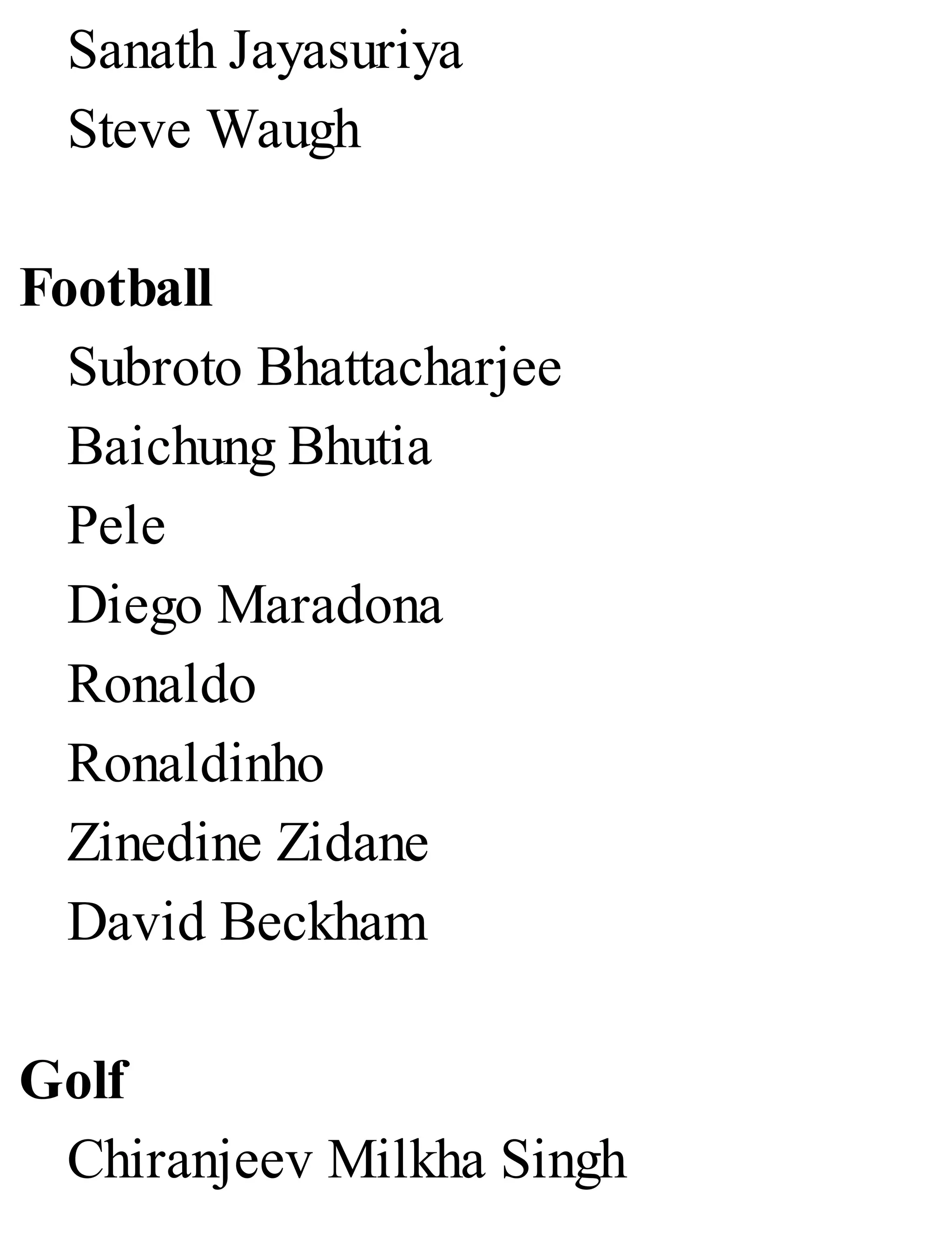 Sanath Jayasuriya
Steve Waugh
Football
Subroto Bhattacharjee
Baichung Bhutia
Pele
Diego Maradona
Ronaldo
Ronaldinho
Zinedine Zidane
David Beckham
Golf
Chiranjeev Milkha Singh
 