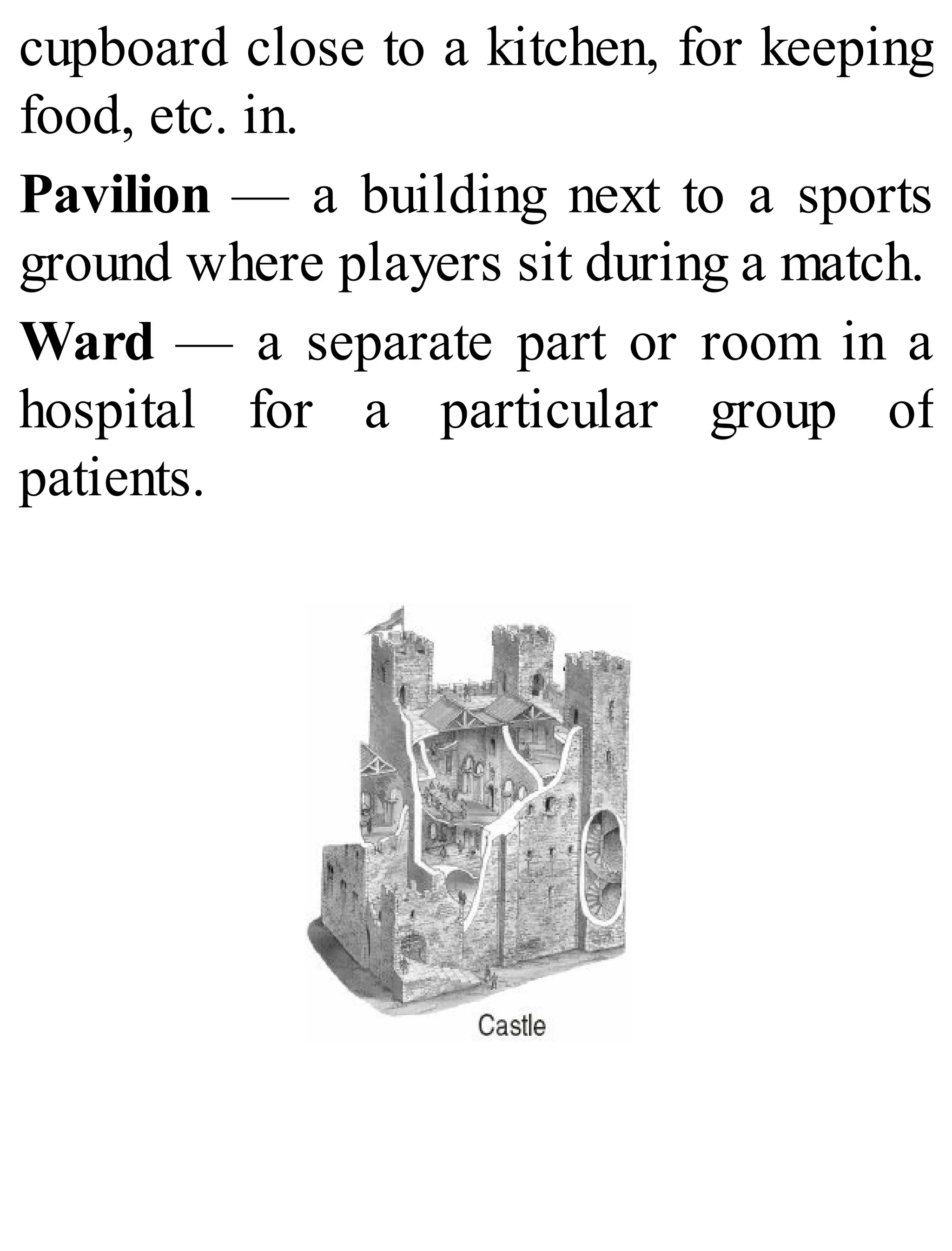 cupboard close to a kitchen, for keeping
food, etc. in.
Pavilion — a building next to a sports
ground where players sit during a match.
Ward — a separate part or room in a
hospital for a particular group of
patients.
 