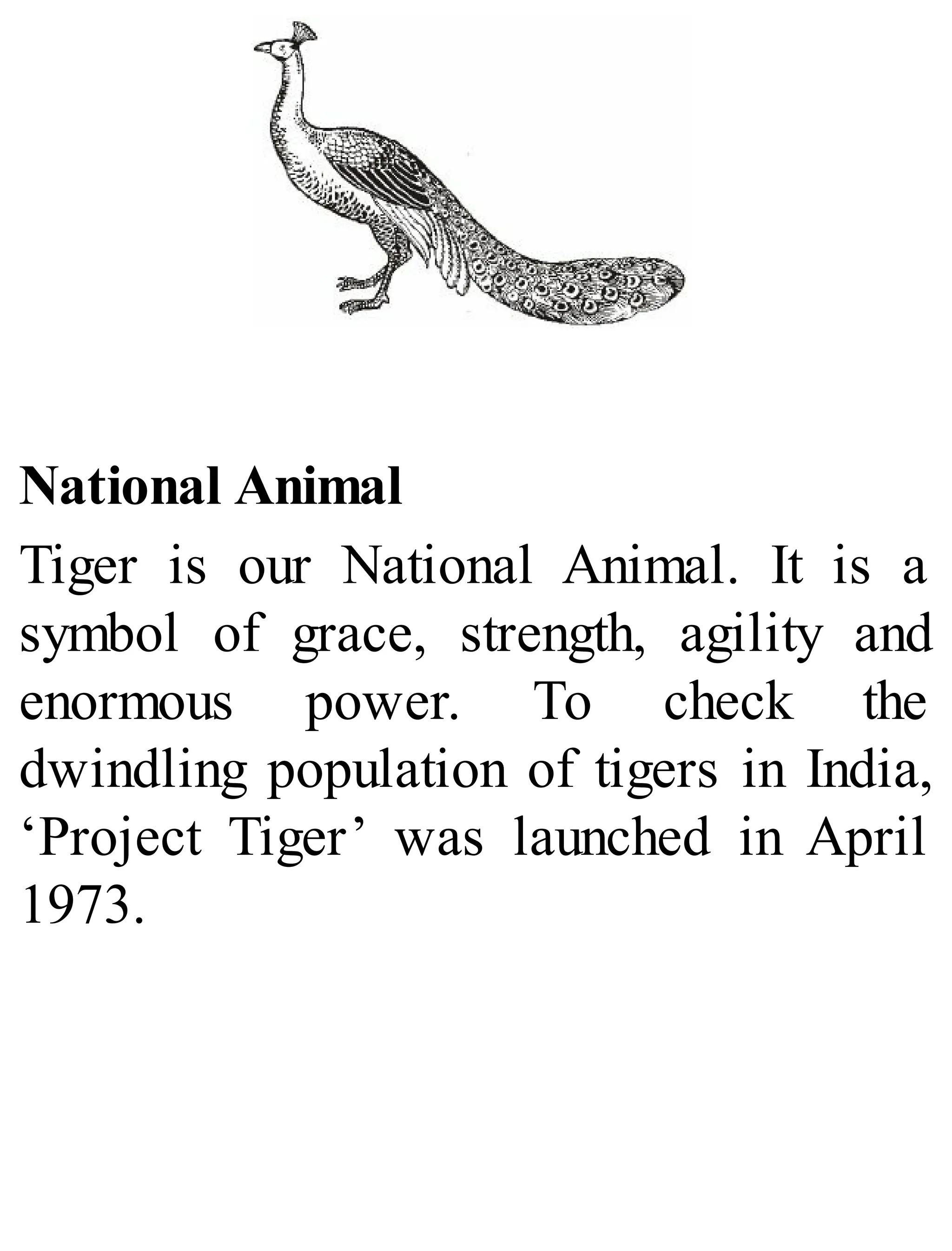 National Animal
Tiger is our National Animal. It is a
symbol of grace, strength, agility and
enormous power. To check the
dwindling population of tigers in India,
‘Project Tiger’ was launched in April
1973.
 