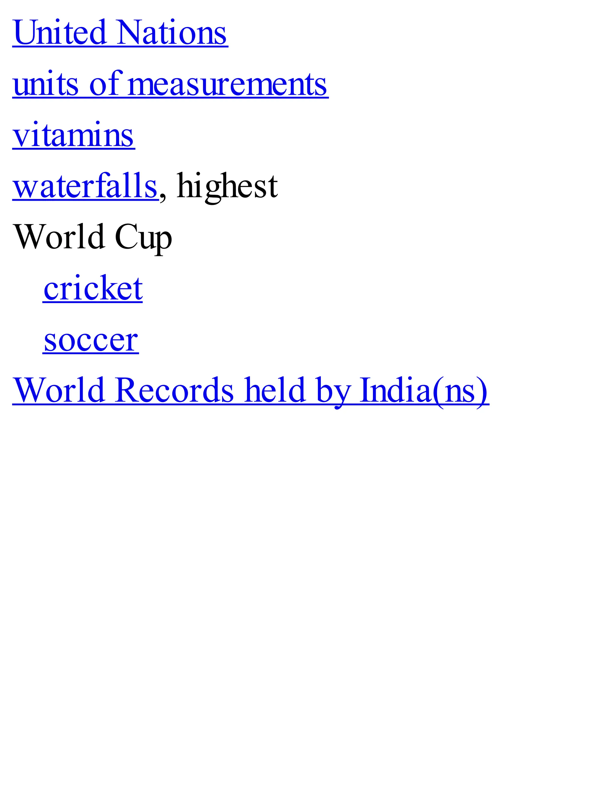 United Nations
units of measurements
vitamins
waterfalls, highest
World Cup
cricket
soccer
World Records held by India(ns)
 