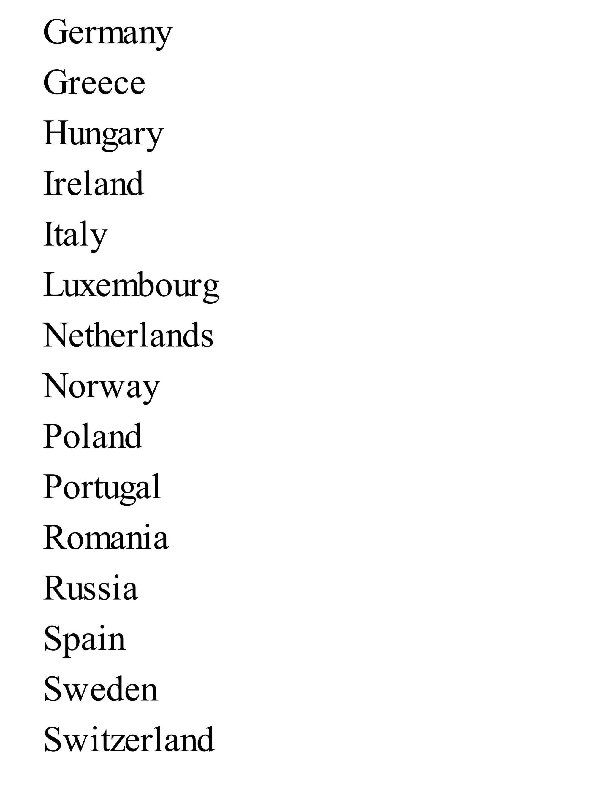 Germany
Greece
Hungary
Ireland
Italy
Luxembourg
Netherlands
Norway
Poland
Portugal
Romania
Russia
Spain
Sweden
Switzerland
 