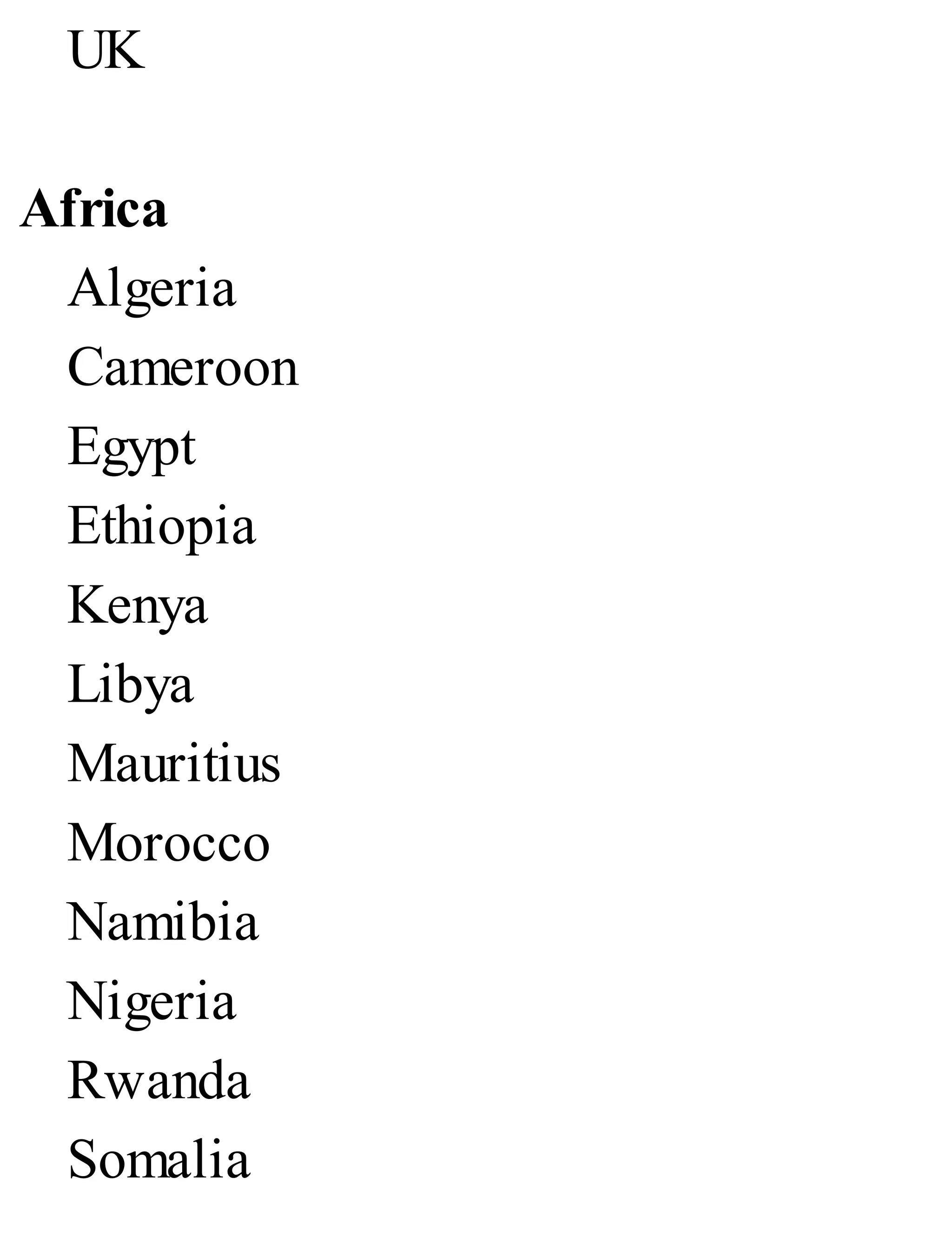 UK
Africa
Algeria
Cameroon
Egypt
Ethiopia
Kenya
Libya
Mauritius
Morocco
Namibia
Nigeria
Rwanda
Somalia
 