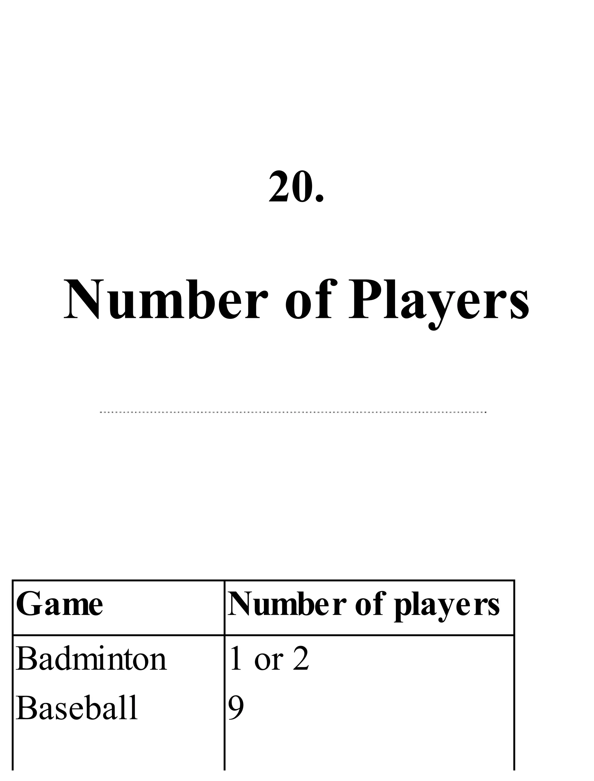 20.
Number of Players
Game Number of players
Badminton
Baseball
1 or 2
9
 