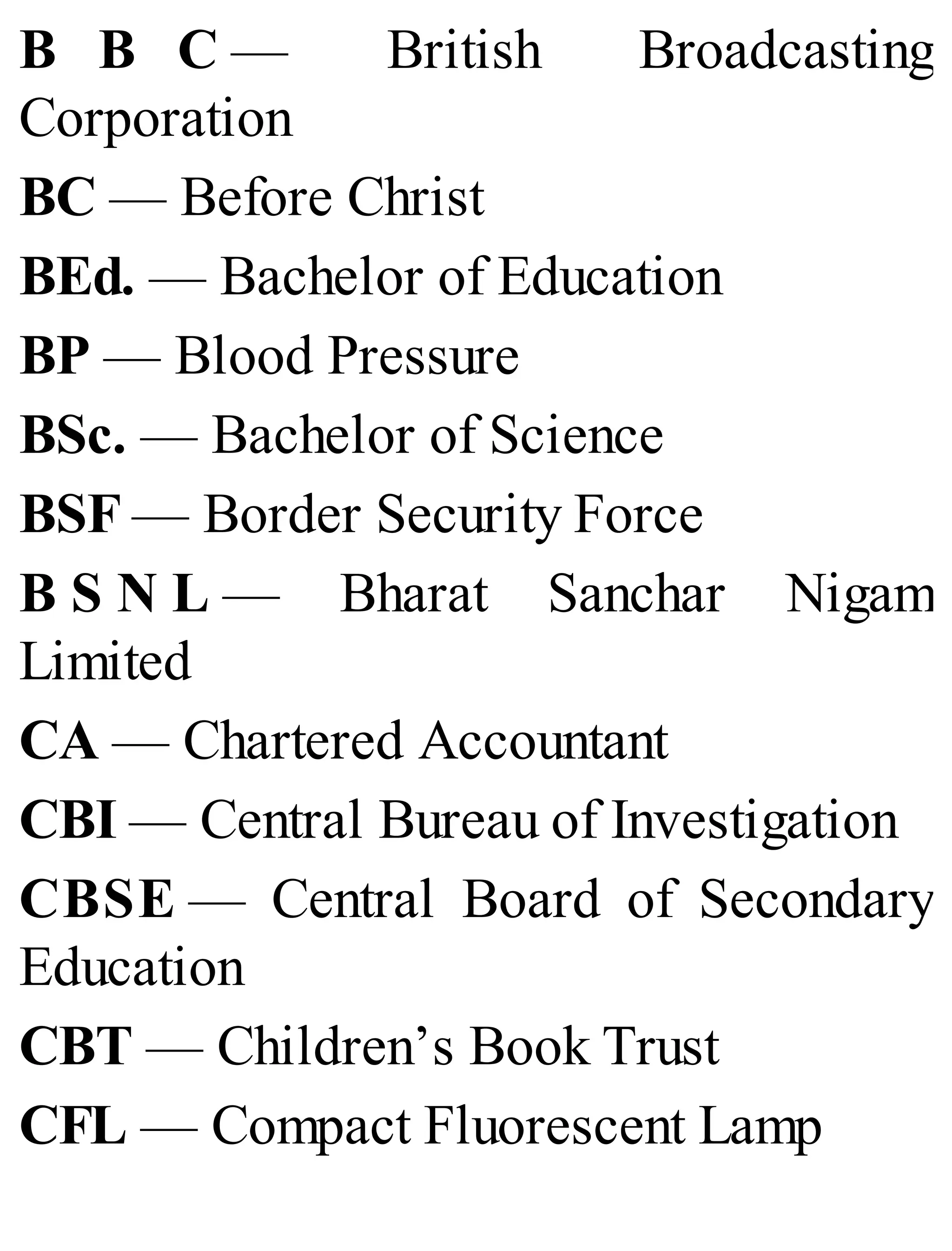B B C — British Broadcasting
Corporation
BC — Before Christ
BEd. — Bachelor of Education
BP — Blood Pressure
BSc. — Bachelor of Science
BSF — Border Security Force
B S N L — Bharat Sanchar Nigam
Limited
CA — Chartered Accountant
CBI — Central Bureau of Investigation
CBSE — Central Board of Secondary
Education
CBT — Children’s Book Trust
CFL — Compact Fluorescent Lamp
 