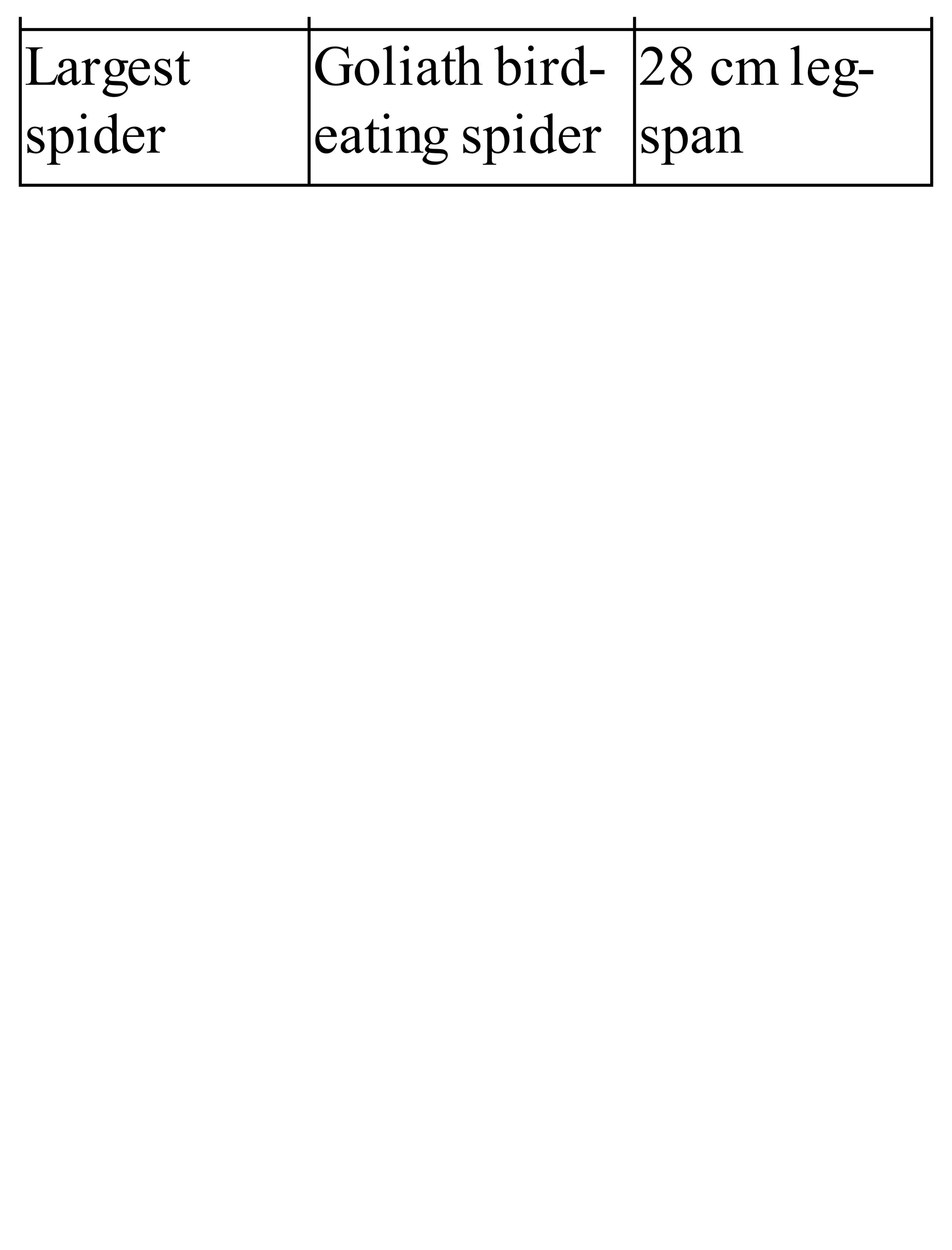 Largest
spider
Goliath bird-
eating spider
28 cm leg-
span
 