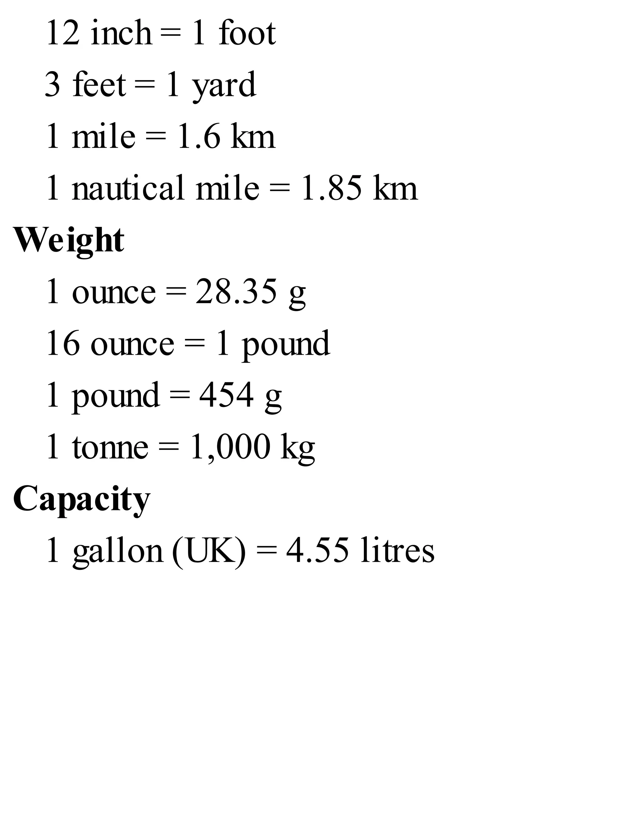 12 inch = 1 foot
3 feet = 1 yard
1 mile = 1.6 km
1 nautical mile = 1.85 km
Weight
1 ounce = 28.35 g
16 ounce = 1 pound
1 pound = 454 g
1 tonne = 1,000 kg
Capacity
1 gallon (UK) = 4.55 litres
 