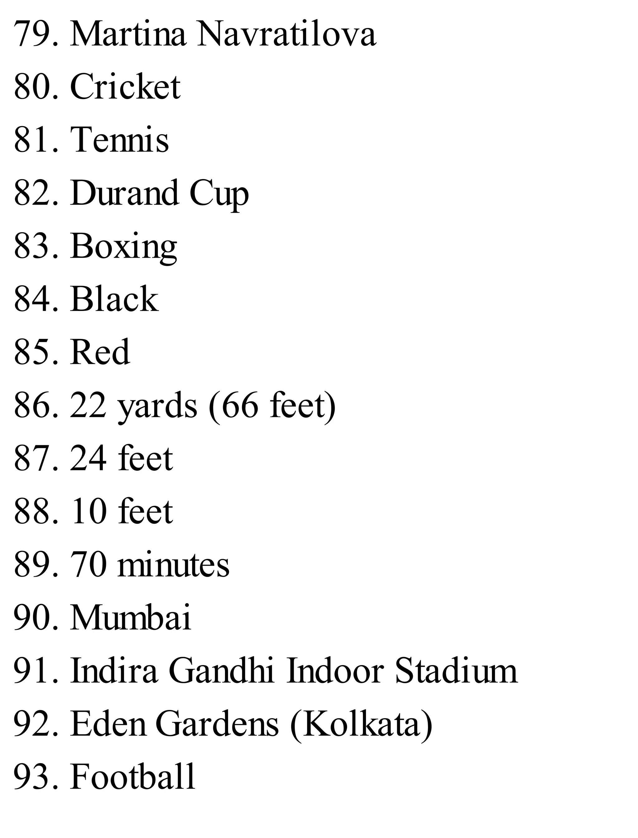 79. Martina Navratilova
80. Cricket
81. Tennis
82. Durand Cup
83. Boxing
84. Black
85. Red
86. 22 yards (66 feet)
87. 24 feet
88. 10 feet
89. 70 minutes
90. Mumbai
91. Indira Gandhi Indoor Stadium
92. Eden Gardens (Kolkata)
93. Football
 