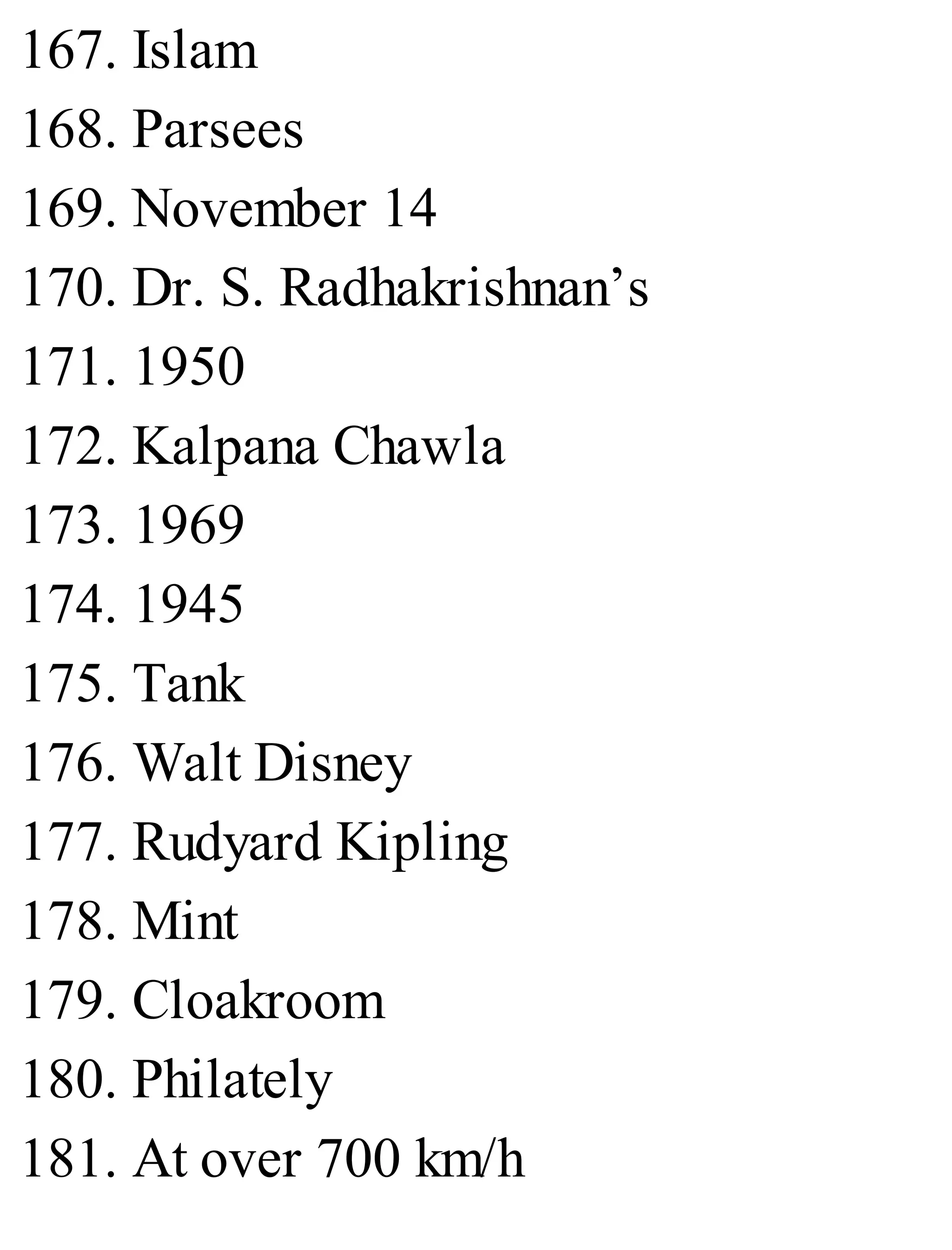 167. Islam
168. Parsees
169. November 14
170. Dr. S. Radhakrishnan’s
171. 1950
172. Kalpana Chawla
173. 1969
174. 1945
175. Tank
176. Walt Disney
177. Rudyard Kipling
178. Mint
179. Cloakroom
180. Philately
181. At over 700 km/h
 