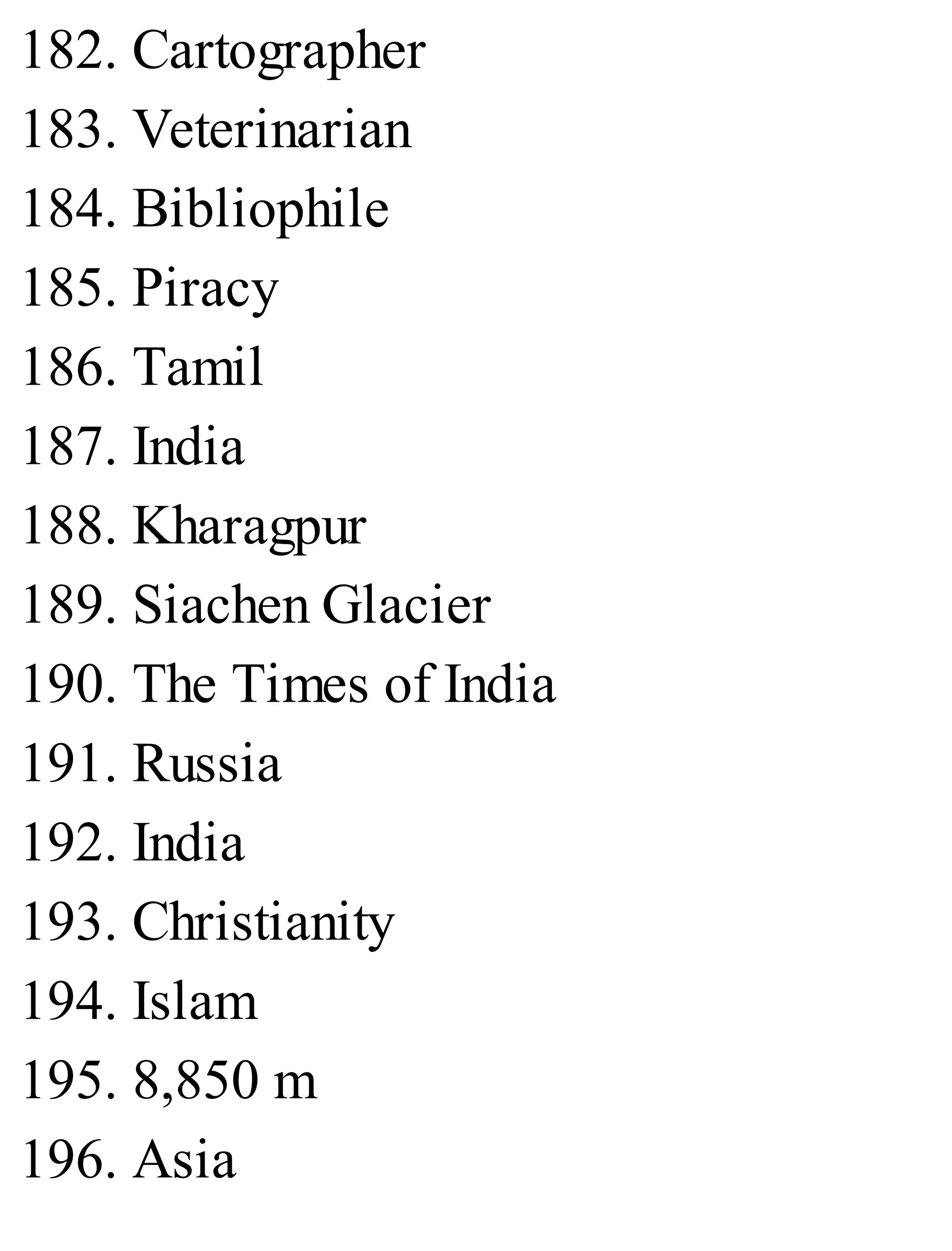 182. Cartographer
183. Veterinarian
184. Bibliophile
185. Piracy
186. Tamil
187. India
188. Kharagpur
189. Siachen Glacier
190. The Times of India
191. Russia
192. India
193. Christianity
194. Islam
195. 8,850 m
196. Asia
 