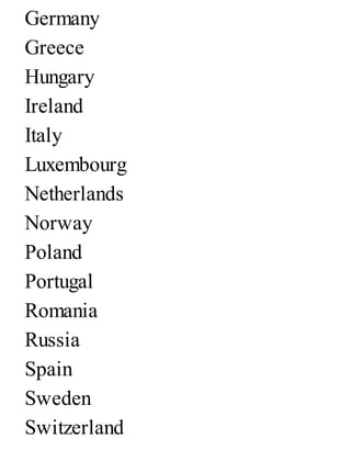 Germany
Greece
Hungary
Ireland
Italy
Luxembourg
Netherlands
Norway
Poland
Portugal
Romania
Russia
Spain
Sweden
Switzerland
 