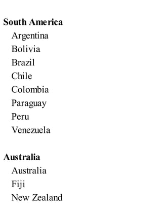 South America
Argentina
Bolivia
Brazil
Chile
Colombia
Paraguay
Peru
Venezuela
Australia
Australia
Fiji
New Zealand
 