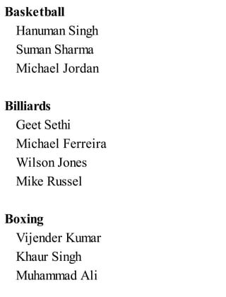 Basketball
Hanuman Singh
Suman Sharma
Michael Jordan
Billiards
Geet Sethi
Michael Ferreira
Wilson Jones
Mike Russel
Boxing
Vijender Kumar
Khaur Singh
Muhammad Ali
 