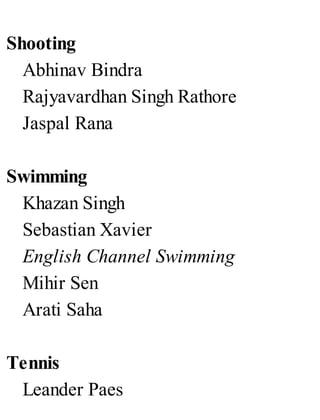 Shooting
Abhinav Bindra
Rajyavardhan Singh Rathore
Jaspal Rana
Swimming
Khazan Singh
Sebastian Xavier
English Channel Swimming
Mihir Sen
Arati Saha
Tennis
Leander Paes
 