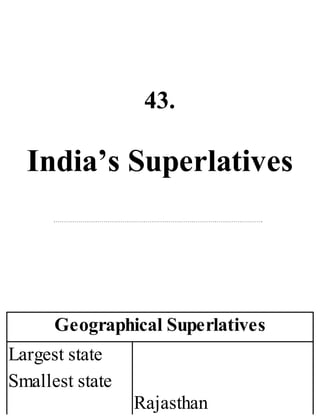 43.
India’s Superlatives
Geographical Superlatives
Largest state
Smallest state
Rajasthan
 