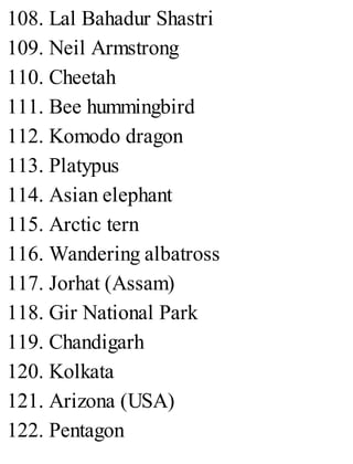 108. Lal Bahadur Shastri
109. Neil Armstrong
110. Cheetah
111. Bee hummingbird
112. Komodo dragon
113. Platypus
114. Asian elephant
115. Arctic tern
116. Wandering albatross
117. Jorhat (Assam)
118. Gir National Park
119. Chandigarh
120. Kolkata
121. Arizona (USA)
122. Pentagon
 