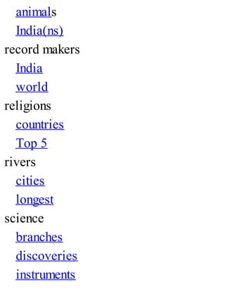 animals
India(ns)
record makers
India
world
religions
countries
Top 5
rivers
cities
longest
science
branches
discoveries
instruments
 