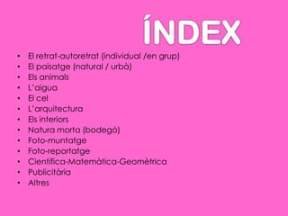 • El retrat-autoretrat (individual /en grup)
• El paisatge (natural / urbà)
• Els animals
• L’aigua
• El cel
• L’arquitectura
• Els interiors
• Natura morta (bodegó)
• Foto-muntatge
• Foto-reportatge
• Científica-Matemàtica-Geomètrica
• Publicitària
• Altres
 