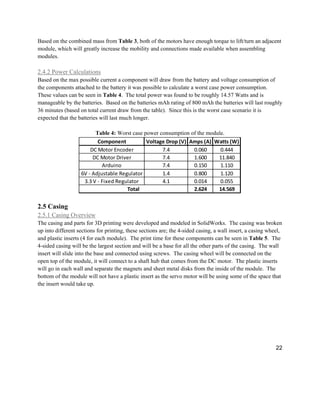 22
Based on the combined mass from Table 3, both of the motors have enough torque to lift/turn an adjacent
module, which will greatly increase the mobility and connections made available when assembling
modules.
2.4.2 Power Calculations
Based on the max possible current a component will draw from the battery and voltage consumption of
the components attached to the battery it was possible to calculate a worst case power consumption.
These values can be seen in Table 4. The total power was found to be roughly 14.57 Watts and is
manageable by the batteries. Based on the batteries mAh rating of 800 mAh the batteries will last roughly
36 minutes (based on total current draw from the table). Since this is the worst case scenario it is
expected that the batteries will last much longer.
Table 4: Worst case power consumption of the module.
2.5 Casing
2.5.1 Casing Overview
The casing and parts for 3D printing were developed and modeled in SolidWorks. The casing was broken
up into different sections for printing, these sections are; the 4-sided casing, a wall insert, a casing wheel,
and plastic inserts (4 for each module). The print time for these components can be seen in Table 5. The
4-sided casing will be the largest section and will be a base for all the other parts of the casing. The wall
insert will slide into the base and connected using screws. The casing wheel will be connected on the
open top of the module, it will connect to a shaft hub that comes from the DC motor. The plastic inserts
will go in each wall and separate the magnets and sheet metal disks from the inside of the module. The
bottom of the module will not have a plastic insert as the servo motor will be using some of the space that
the insert would take up.
Component Voltage Drop (V) Amps (A) Watts (W)
DC Motor Encoder 7.4 0.060 0.444
DC Motor Driver 7.4 1.600 11.840
Arduino 7.4 0.150 1.110
6V - Adjustable Regulator 1.4 0.800 1.120
3.3 V - Fixed Regulator 4.1 0.014 0.055
2.624 14.569
Total
 
