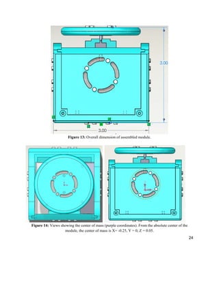 24
Figure 13: Overall dimension of assembled module.
Figure 14: Views showing the center of mass (purple coordinates). From the absolute center of the
module, the center of mass is X= -0.25, Y = 0, Z = 0.05.
 