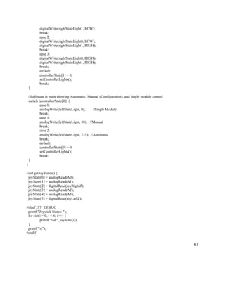 67
digitalWrite(rightStateLight1, LOW);
break;
case 2:
digitalWrite(rightStateLight0, LOW);
digitalWrite(rightStateLight1, HIGH);
break;
case 3:
digitalWrite(rightStateLight0, HIGH);
digitalWrite(rightStateLight1, HIGH);
break;
default:
controllerState[1] = 0;
setControllerLights();
break;
}
//Left state is main showing Automatic, Manual (Configuration), and single module control
switch (controllerState[0]) {
case 0:
analogWrite(leftStateLight, 0); //Single Module
break;
case 1:
analogWrite(leftStateLight, 50); //Manual
break;
case 2:
analogWrite(leftStateLight, 255); //Automatic
break;
default:
controllerState[0] = 0;
setControllerLights();
break;
}
}
void getJoyStates() {
joyState[0] = analogRead(A0);
joyState[1] = analogRead(A1);
joyState[2] = digitalRead(joyRightZ);
joyState[3] = analogRead(A2);
joyState[4] = analogRead(A3);
joyState[5] = digitalRead(joyLeftZ);
#ifdef JST_DEBUG
printf("Joystick States: ");
for (int i = 0; i < 6; i++) {
printf("%d ", joyState[i]);
}
printf("n");
#endif
 