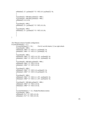 71
toModule(2, 12 - joyState[4] * 13 / 1023, 0, 0, joyState[3] / 4);
}
}
if (joyState[3] < 600 && joyState[3] > 400) {
if (joyState[4] < 600 && joyState[4] > 400) {
toModule(2, 6, 0, 0, 0);
}
if (joyState[4] > 600) {
toModule(2, 12 - joyState[4] * 13 / 1023, 0, 0, 0);
}
if (joyState[4] < 400) {
toModule(2, 12 - joyState[4] * 13 / 1023, 0, 0, 0);
}
}
}
}
//For Manual control of module configurations
if (controllerState[0] == 1) {
if (controllerState[1] == 0) { //Car 0,1 are left wheels, 2,3 are right wheels
if (joyState[0] > 600) {
toModule(0, 1000 * 13 / 1023, 0, 1, joyState[0] / 4);
toModule(1, 1000 * 13 / 1023, 0, 1, joyState[0] / 4);
}
if (joyState[0] < 400) {
toModule(0, 1000 * 13 / 1023, 0, 0, 255 - joyState[0] / 4);
toModule(1, 1000 * 13 / 1023, 0, 0, 255 - joyState[0] / 4);
}
if (joyState[0] < 600 && joyState[0] > 400) {
toModule(0, 1000 * 13 / 1023, 0, 0, 0);
toModule(1, 1000 * 13 / 1023, 0, 0, 0);
}
if (joyState[3] > 600) {
toModule(2, 1000 * 13 / 1023, 0, 0, joyState[3] / 4);
toModule(3, 1000 * 13 / 1023, 0, 0, joyState[3] / 4);
}
if (joyState[3] < 400) {
toModule(2, 1000 * 13 / 1023, 0, 1, 255 - joyState[3] / 4);
toModule(3, 1000 * 13 / 1023, 0, 1, 255 - joyState[3] / 4);
}
if (joyState[3] < 600 && joyState[3] > 400) {
toModule(2, 1000 * 13 / 1023, 0, 0, 0);
toModule(3, 1000 * 13 / 1023, 0, 0, 0);
}
}
if (controllerState[1] == 1) { //Snake/Oscillation motion
if (joyState[0] > 600) {
toModule(0, 512 * 13 / 1023, 0, 0, 0);
toModule(1, 512 * 13 / 1023, 0, 0, 0);
 