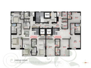 COBERTURA INFERIOR
Quatro suítes, sendo uma suíte master com closet • Home Office • Dependência completa
de empregadas • Estar de serviço • Quatro vagas de garagem • Pé esquerdo com 3,2m.
 
